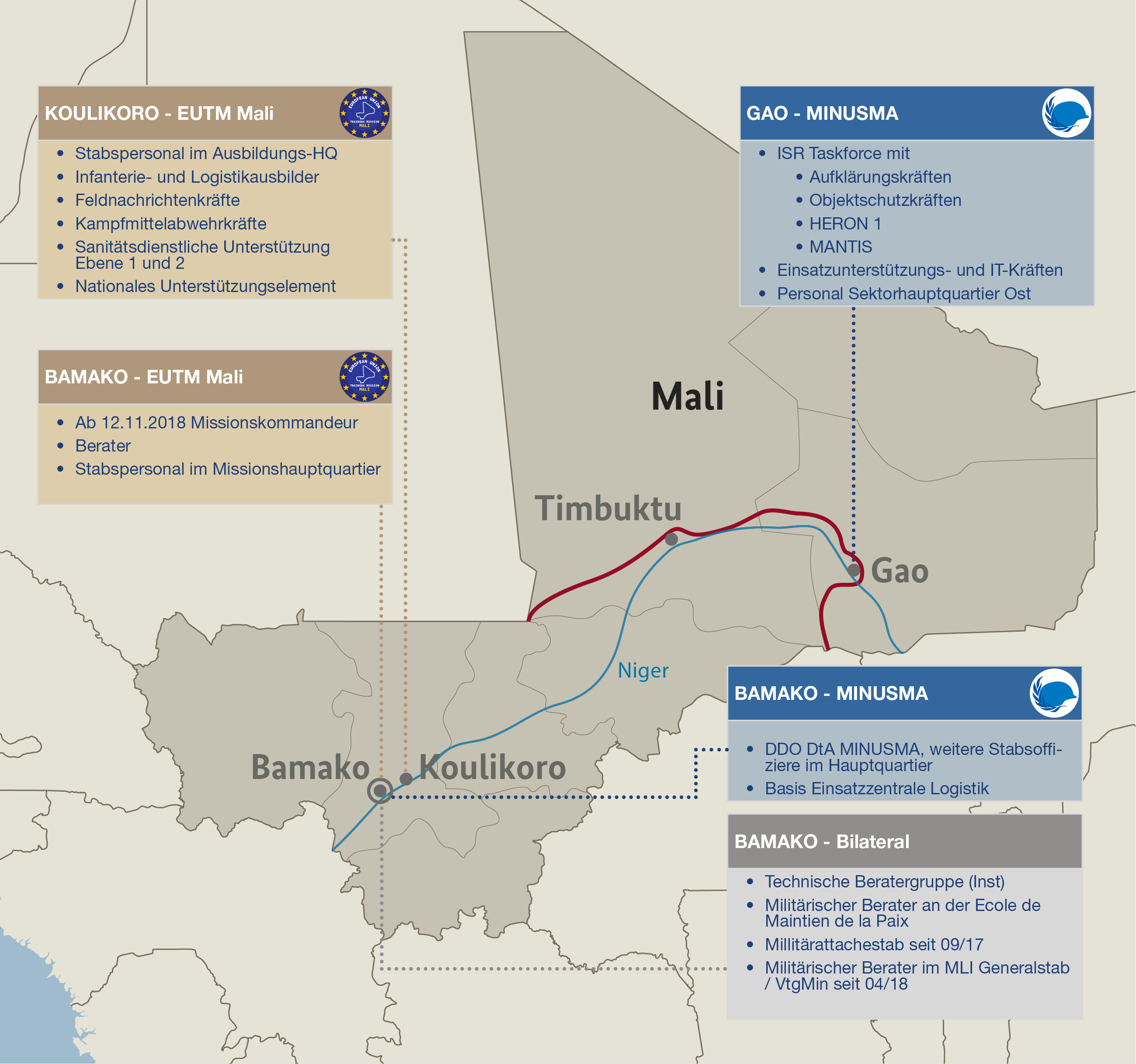 Eine Karte von Mali mit Informationen zu den Einsätzen der Bundeswehr