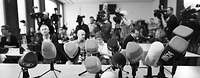 A lot of microphones standing on a table with members of the press sitting in the background.