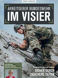 Magazin-Cover mit dem Text „Arbeitgeber Bundeswehr – Im Visier “, dahinter ein Soldat beim Klettern an einer Felswand