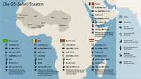 Eine Karte zeigt die G5-Sahel-Staaten auf dem Kontinent Afrika und verschiedene Zahlen zu den Ländern