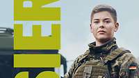 Das Cover des Magazins Im Visier 2023, eine Soldatin vor Bundeswehrgerät.