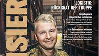 Das Cover des Magazins Im Visier 2024, eine Soldat vor Lageregalen.