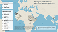Eine Kontinentalansicht, auf der laufende und abgeschlossene UN-Peacekeeping-Missionen eingezeichnet sind.
