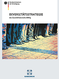 Titelseite einer Broschüre mit einem Bild von den Beinen dicht nebeneinanderstehender Personen in Falschfarben