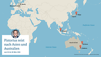 Eine Landkarte zeigt die Stationen der Reise des Ministers nach Asien und Australien