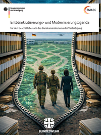 ein Reißverschluss schiebt Aktenschränke zur Seite und lässt Soldaten den Weg frei zu einer Kaserne
