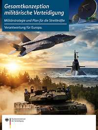 Broschüre des Verteidigungsministeriums mit Kampfjet, U-Boot und Panzer vor einer Landschaft.