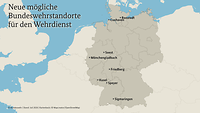 Grafik einer Deutschlandkarte, die acht Bundeswehrstandorte für den neuen Wehrdienst anzeigt