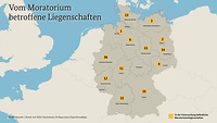 Grafik einer Deutschlandkarte, die die Anzahl betroffener Liegenschaften in den Bundesländern anzeigt