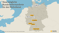 Grafik einer Deutschlandkarte, die acht Bundeswehrstandorte für den neuen Wehrdienst anzeigt