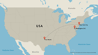 Eine Karte der USA mit 3 Stationen in Washington, New York und Fort Worth