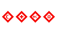 Vier rote Quadrate mit Halbmond, Kreuz, Halbmond/Kreuz und Davidstern in der Mitte